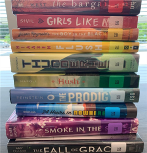MHSHS books with colored genre label 